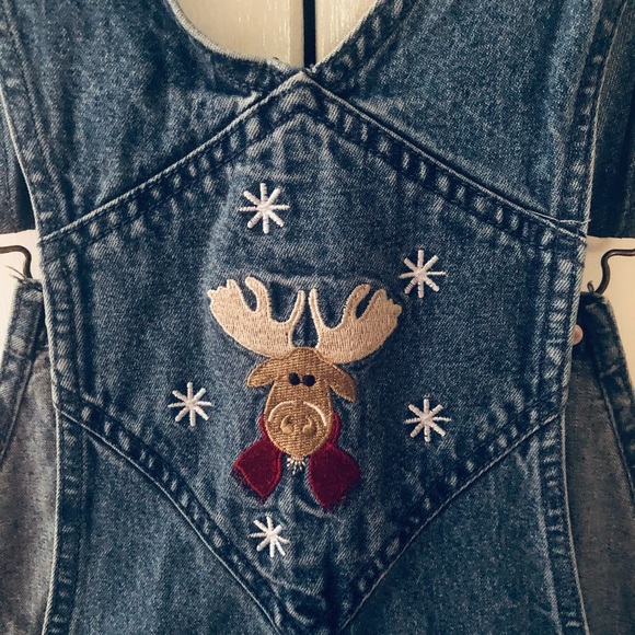 Christmas Jean Overalls Reindeer overalls blue denim cut offs Ladies medium - Picture 7 of 15